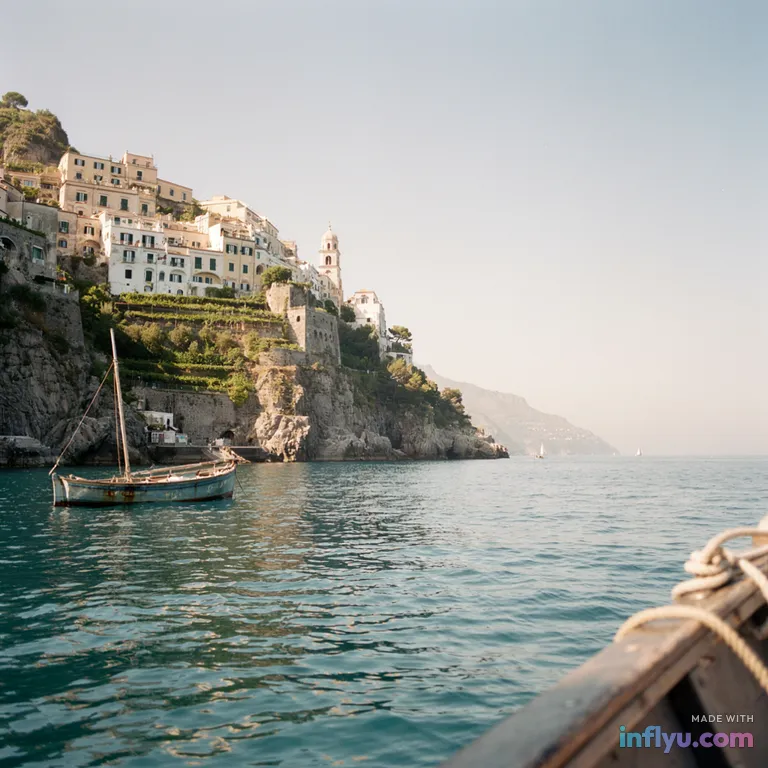 Amalfi coast cliffside village from a boat, AI image