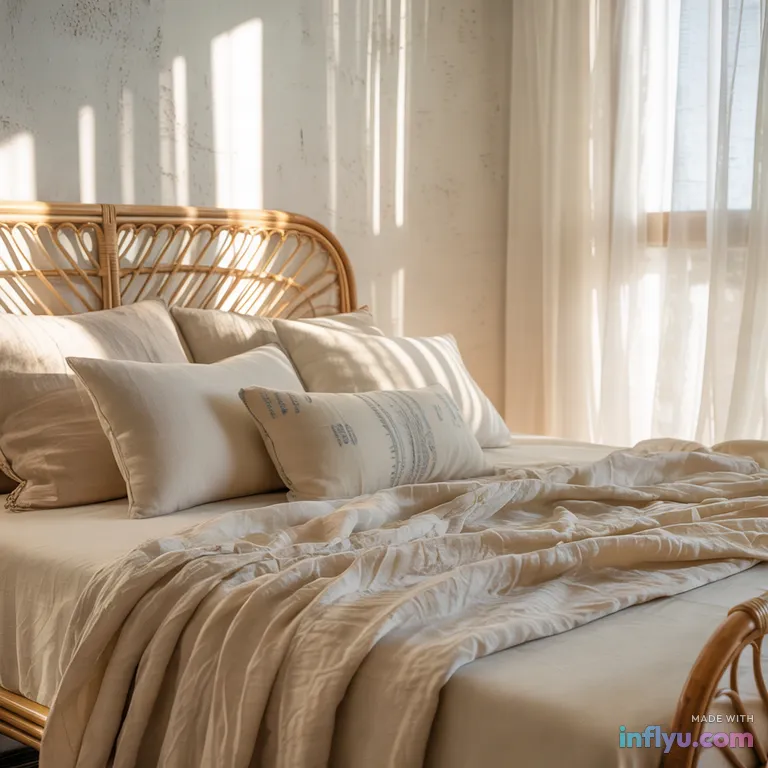 Rattan bed with linen bedding in a white Mediterranean bedroom, AI image