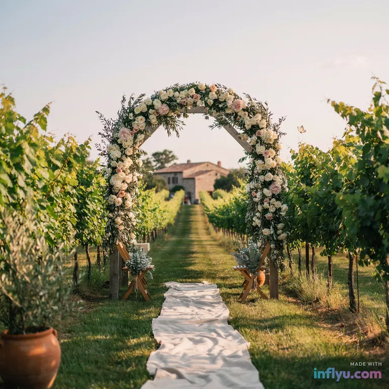 Outdoor wedding arch with white roses and eucalyptus in a vineyard, AI image