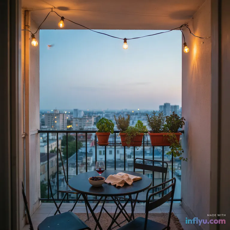 Small city balcony garden with string lights, AI image