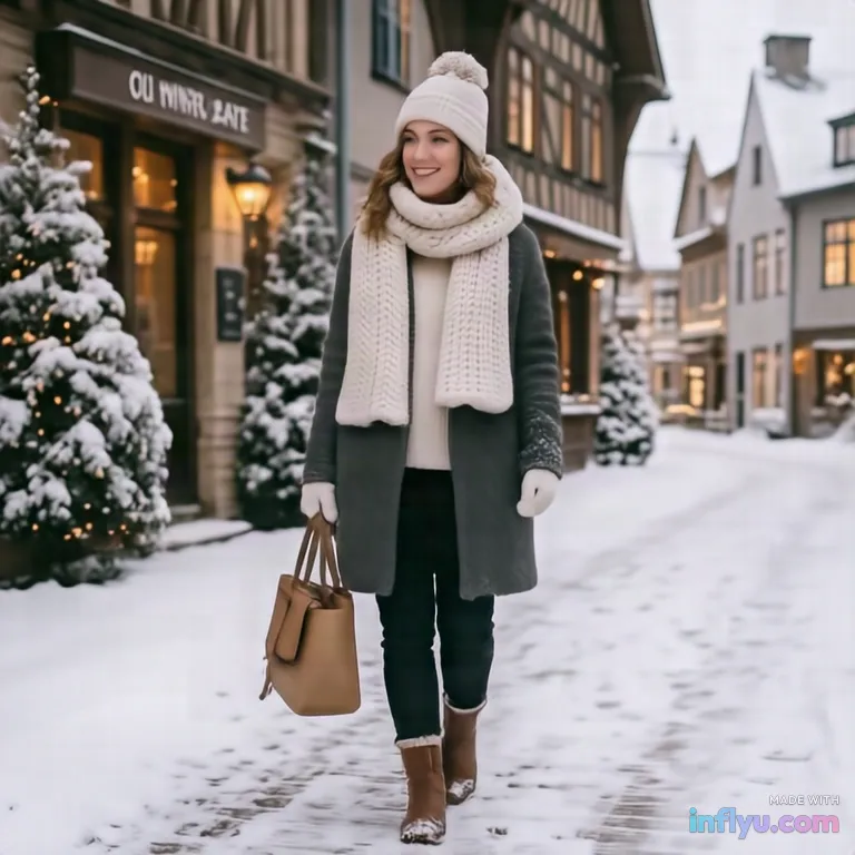 Cozy winter layered outfit with chunky scarf in a snowy street, AI image