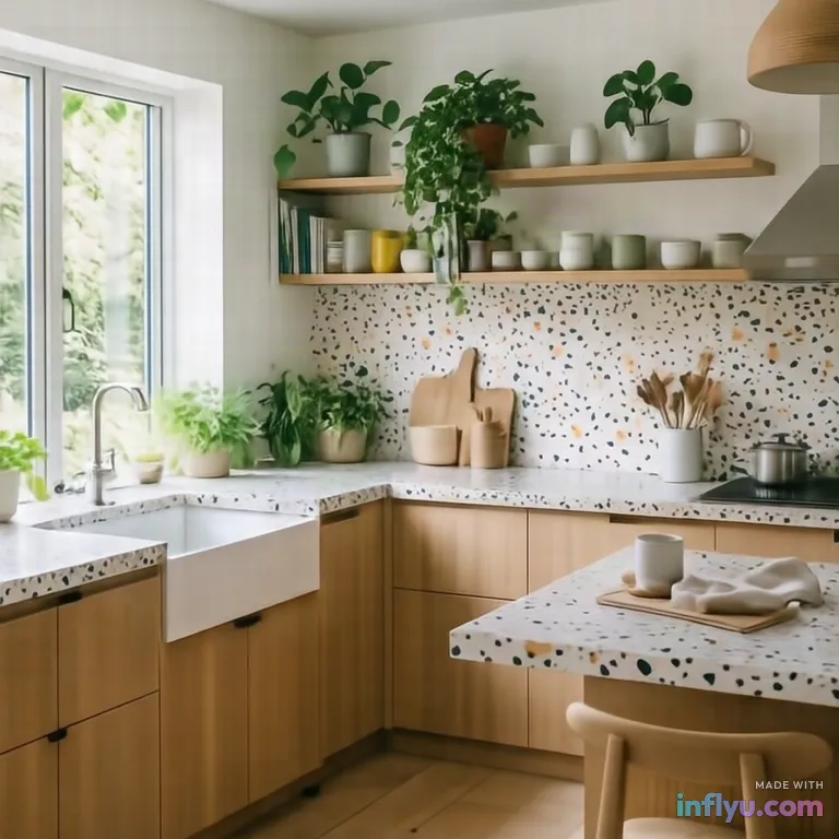 Bright Scandinavian kitchen with terrazzo counters, AI image