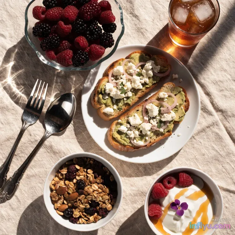 Overhead brunch spread: AI image