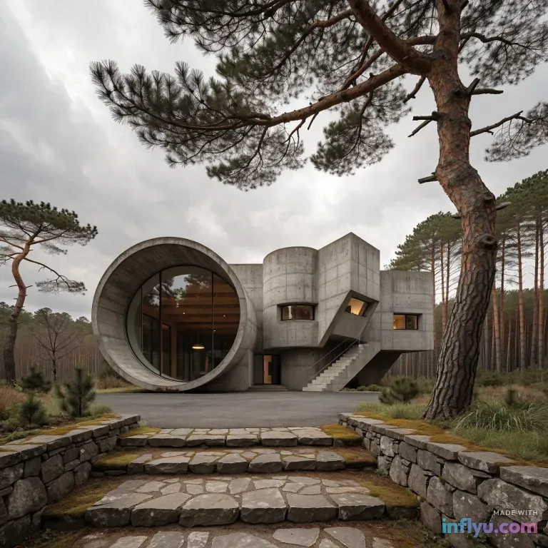 Brutalist concrete house in a pine forest, AI image