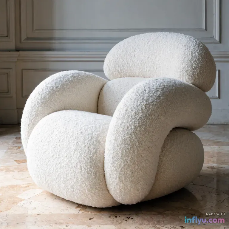 Curvy bouclé lounge chair in cream on a travertine floor, AI image