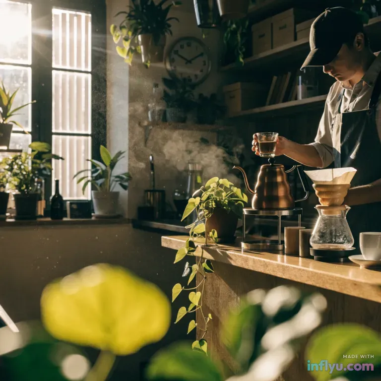 Plant-filled specialty coffee bar with pour-over setup, AI image