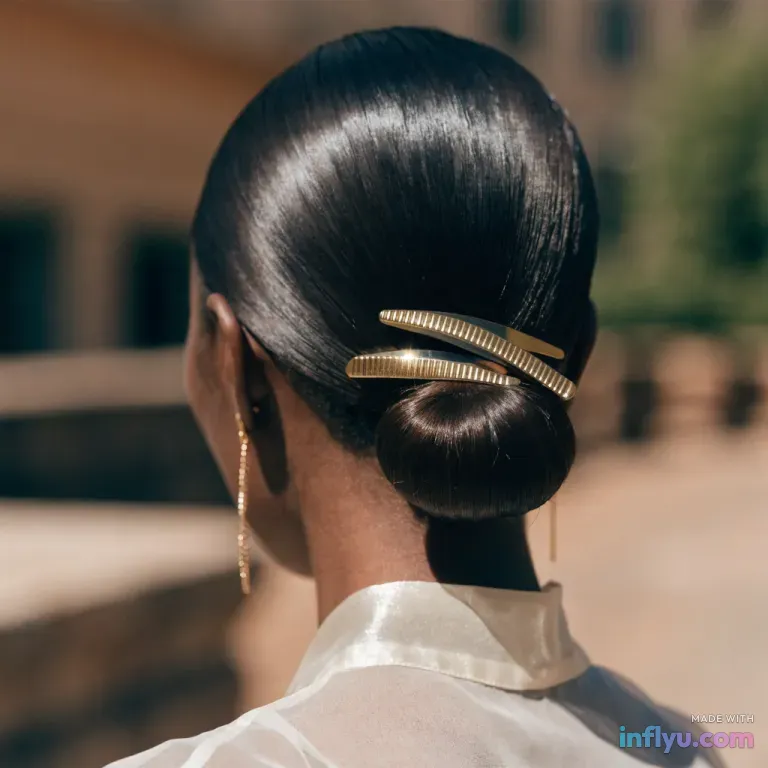 Sleek low bun with gold hair clips, AI image