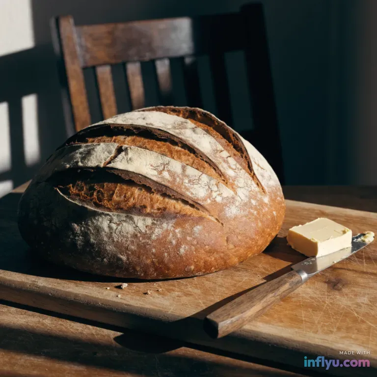 Rustic sourdough loaf and butter on a wooden board, AI image