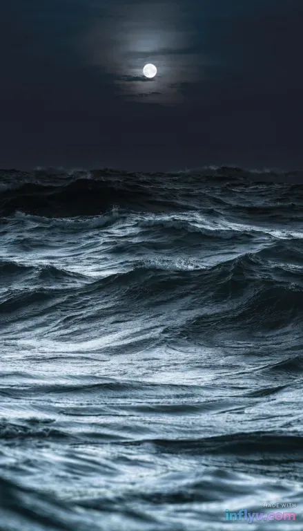 Dark moody ocean waves at night with moonlight, AI image