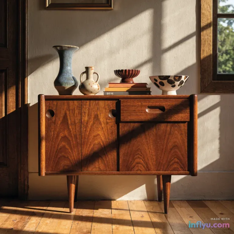 Mid-century walnut sideboard styled with ceramics and books, AI image