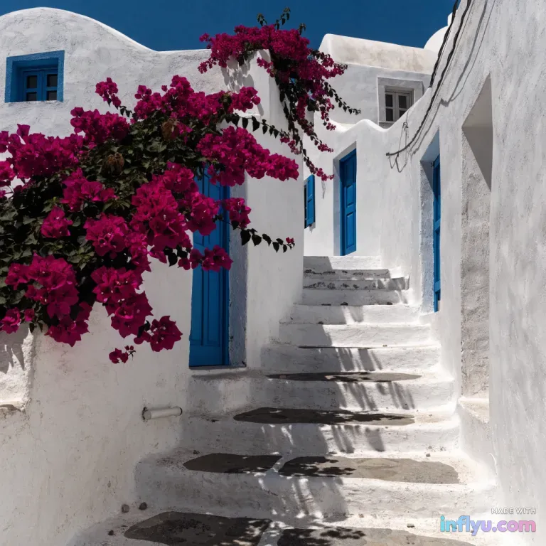 Whitewashed Santorini-style stairs with blue doors and bougainvillea, AI image