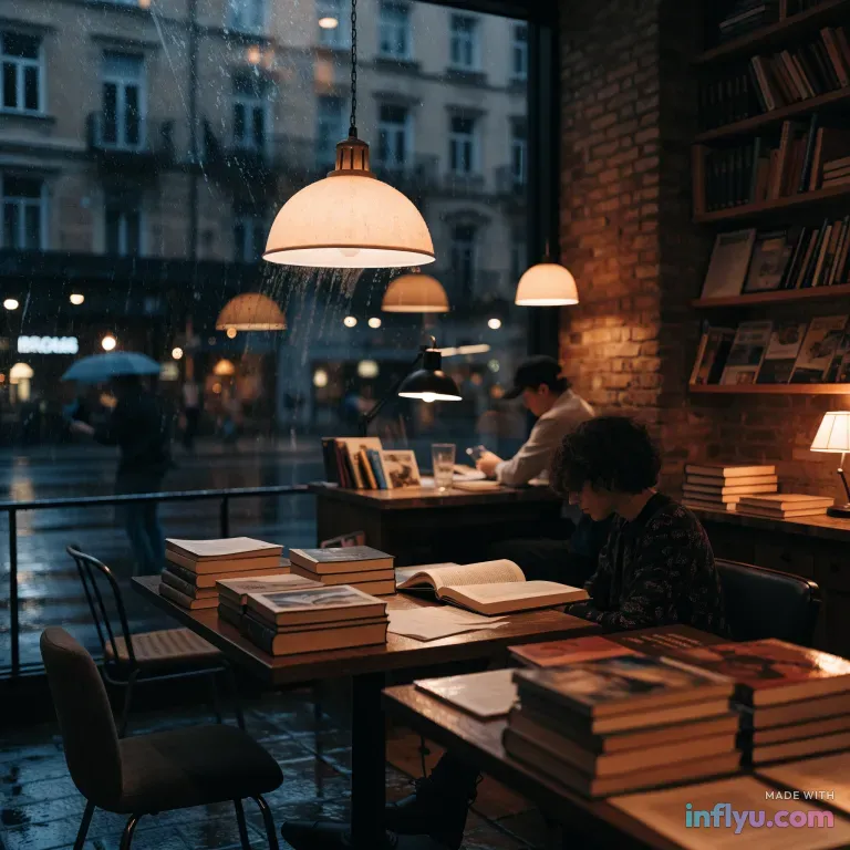 Rainy-day bookstore café with warm lamps and stacked books, AI image