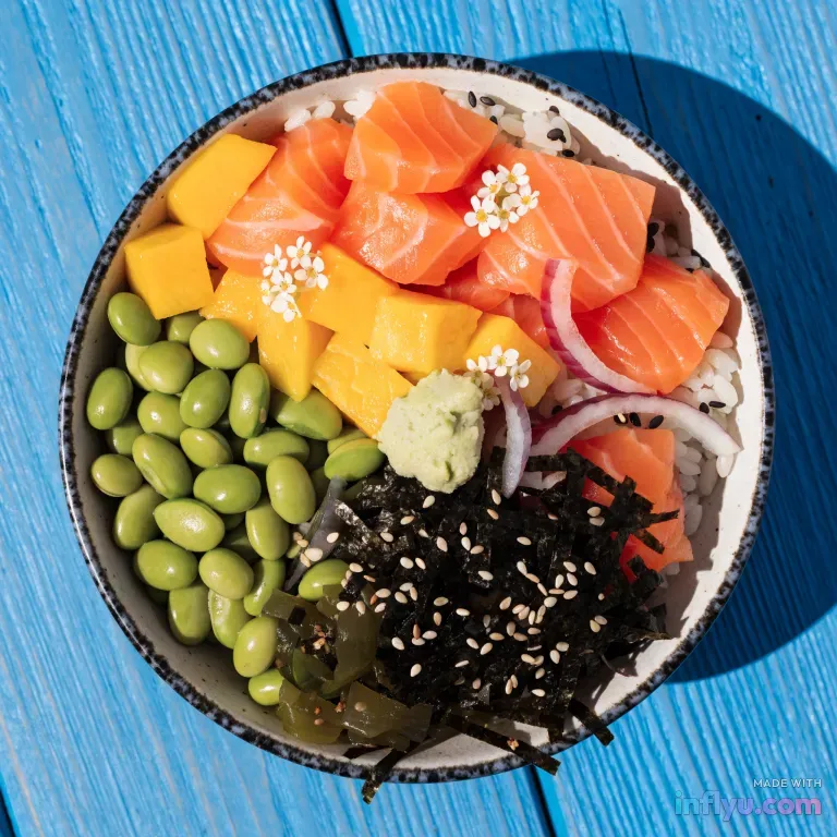 Colorful poke bowl with salmon, AI image