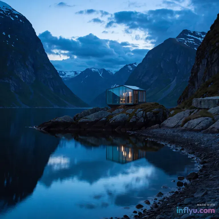Glass cabin on a Norwegian fjord at blue hour, AI image