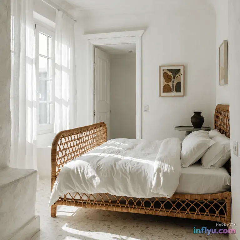 Rattan bed with linen bedding in a white Mediterranean bedroom, AI image