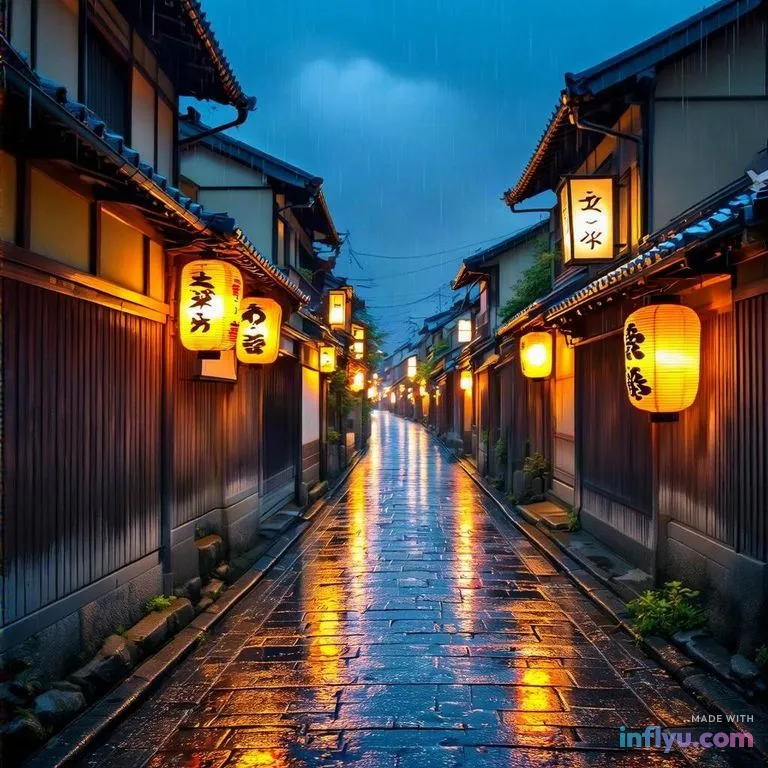 Kyoto lane with lanterns at night after rain, AI image