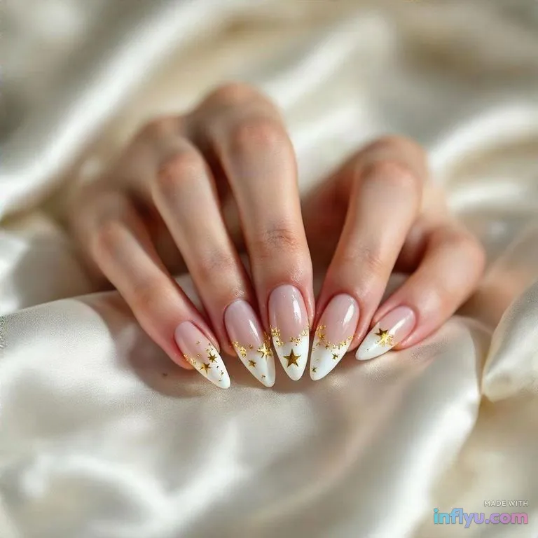 French tips with tiny gold stars, AI image