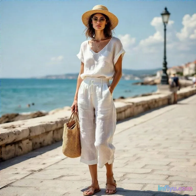 Minimal summer linen outfit on a seaside promenade, AI image