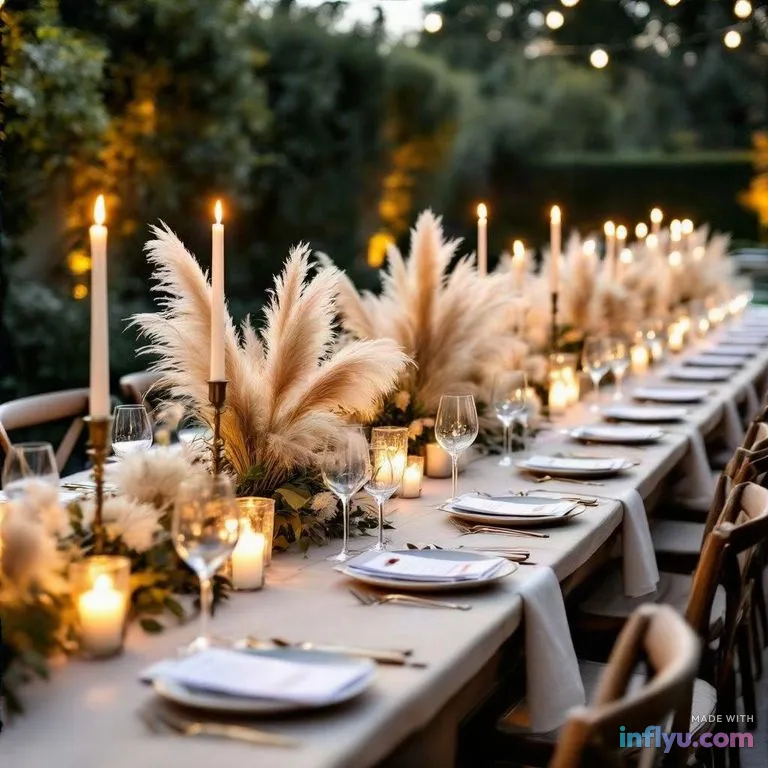 Long candlelit wedding reception table with pampas grass, AI image