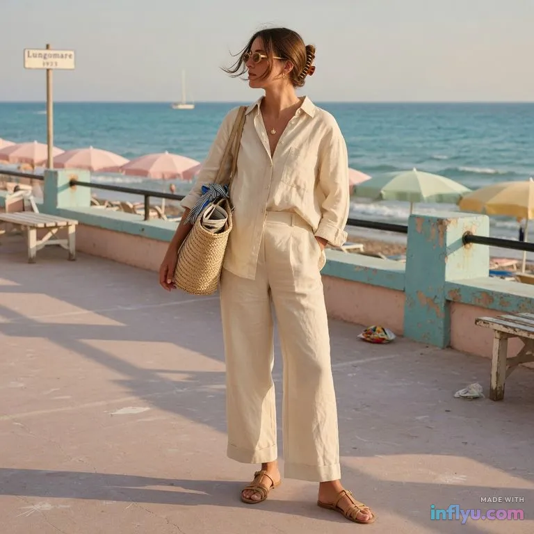 Minimal summer linen outfit on a seaside promenade, AI image