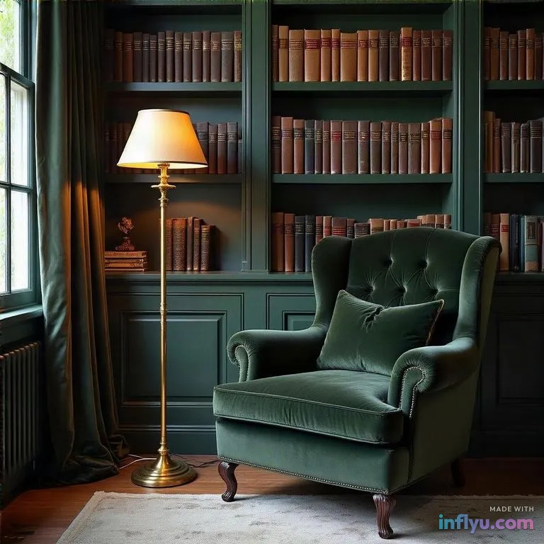 Moody dark-green library nook with brass reading lamp and velvet armchair, AI image