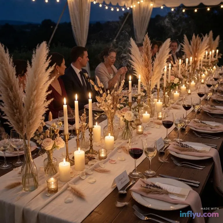 Long candlelit wedding reception table with pampas grass, AI image