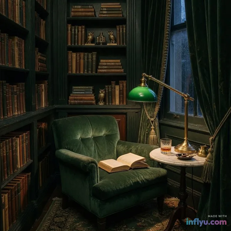 Moody dark-green library nook with brass reading lamp and velvet armchair, AI image