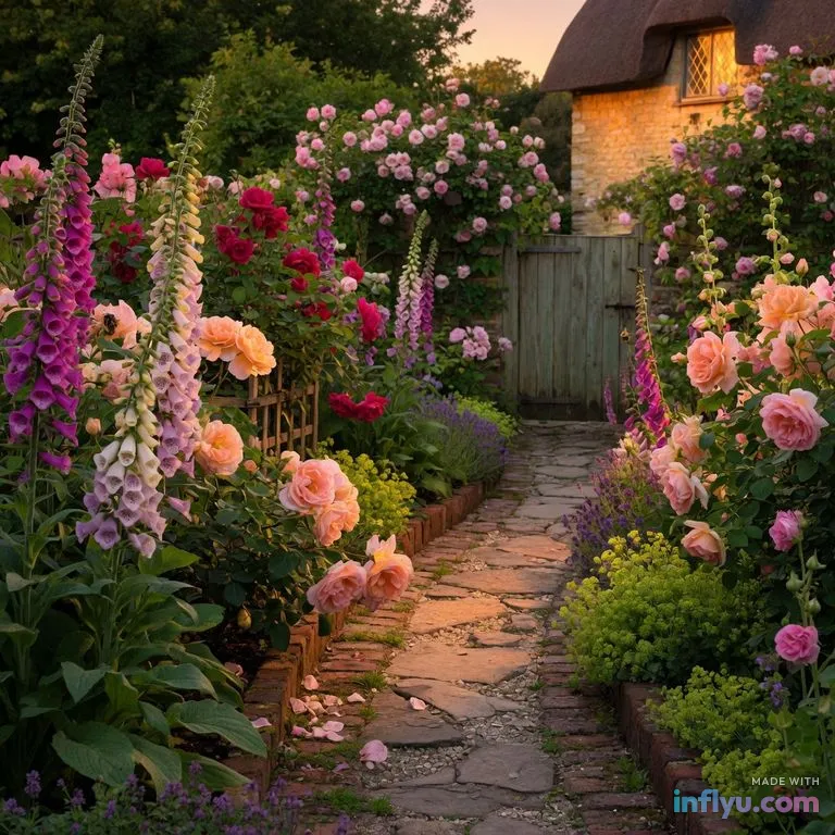 English cottage garden path with foxgloves and roses, AI image