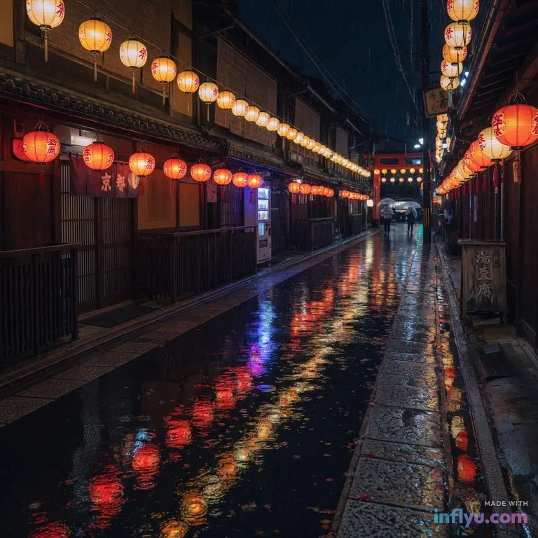 Kyoto lane with lanterns at night after rain, AI image