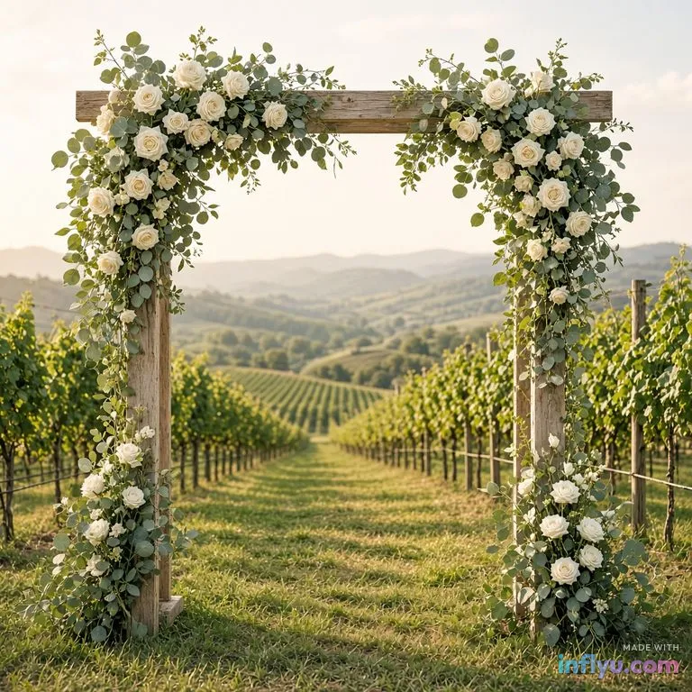 Outdoor wedding arch with white roses and eucalyptus in a vineyard, AI image
