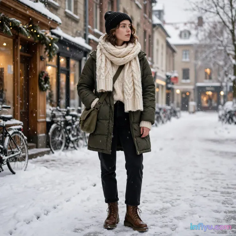 Cozy winter layered outfit with chunky scarf in a snowy street, AI image