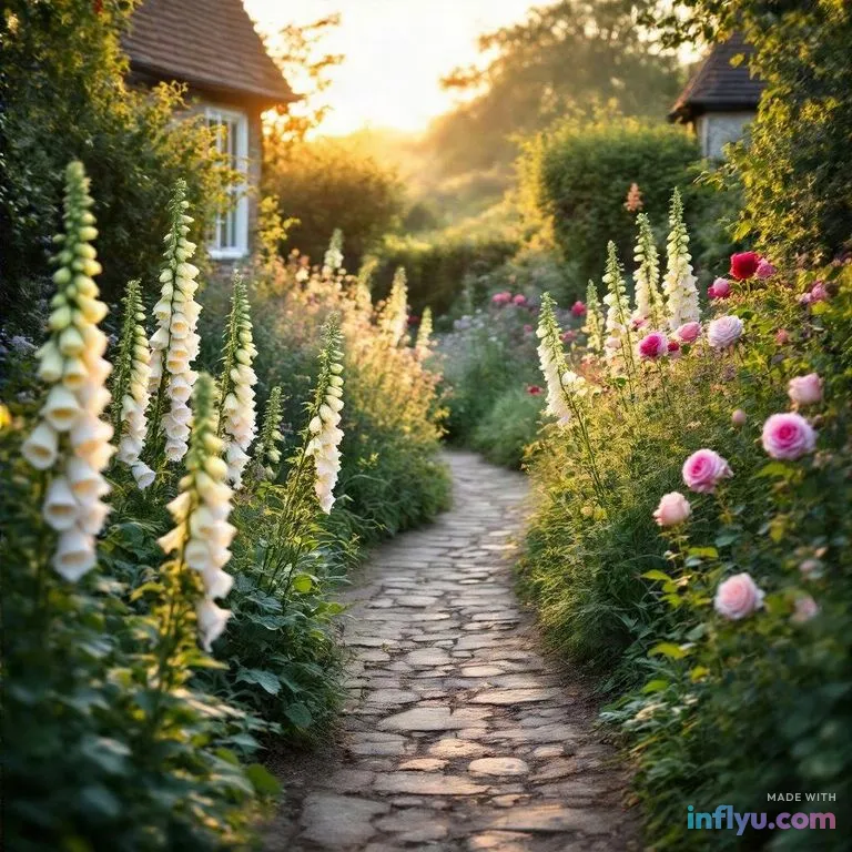 English cottage garden path with foxgloves and roses, AI image