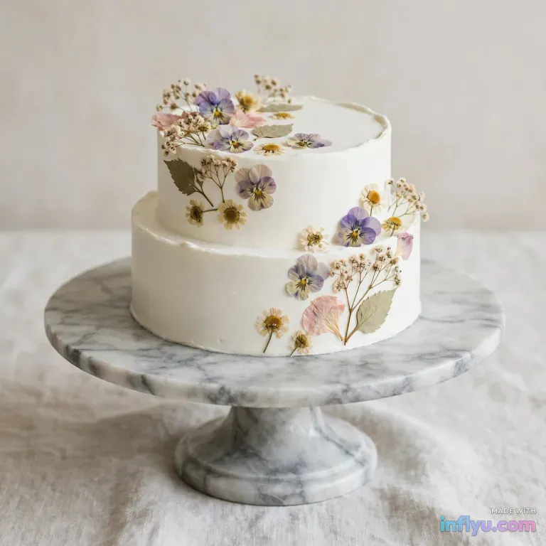 Minimal white wedding cake with pressed flowers on a marble stand, AI image