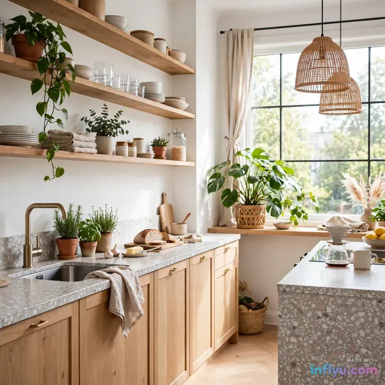 Bright Scandinavian kitchen with terrazzo counters, AI image