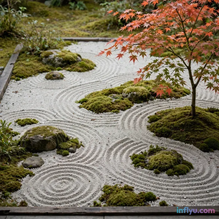 Minimal Japanese zen garden with raked gravel, AI image
