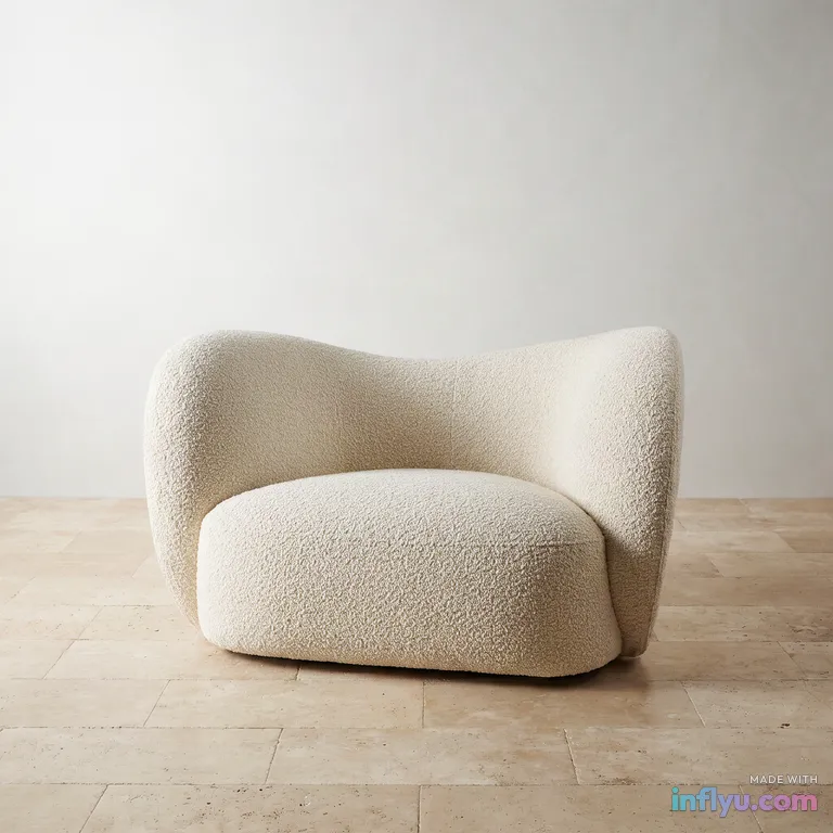 Curvy bouclé lounge chair in cream on a travertine floor, AI image