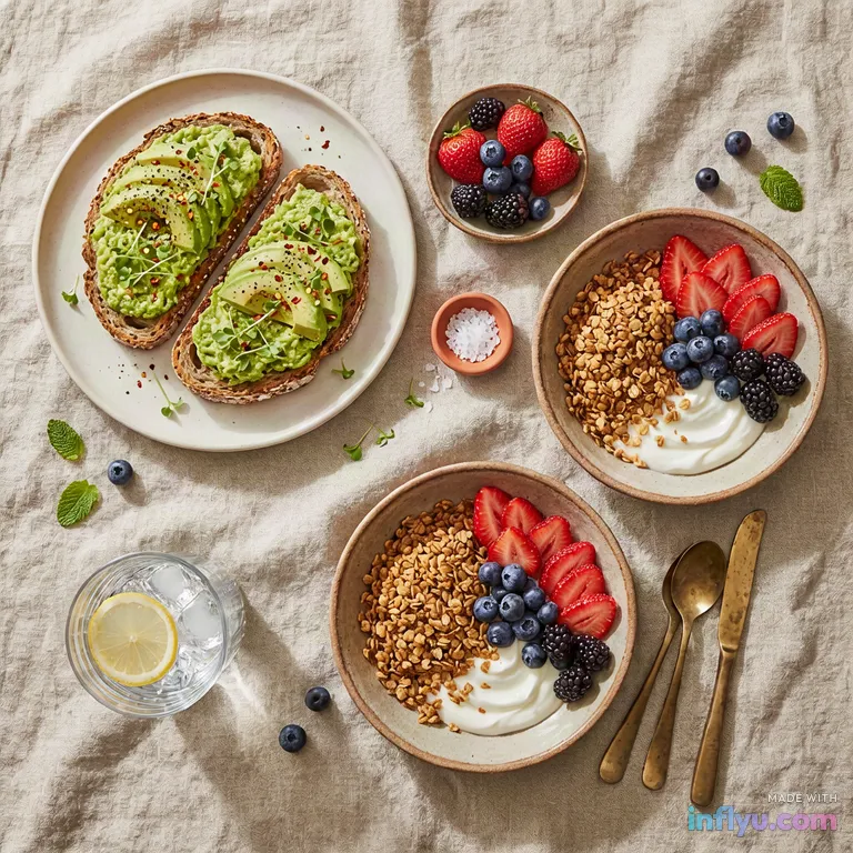 Overhead brunch spread, AI image