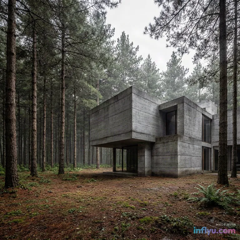 Brutalist concrete house in a pine forest, AI image