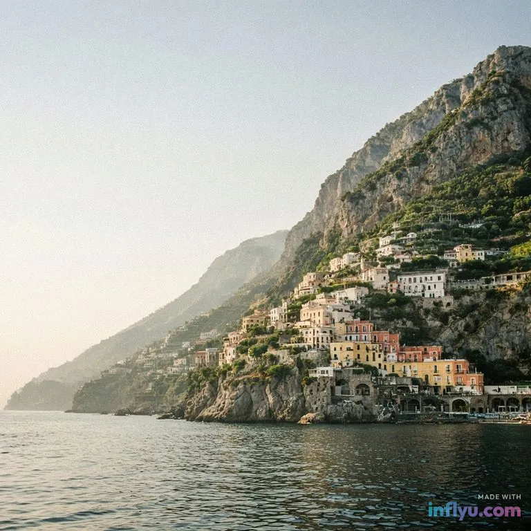 Amalfi coast cliffside village from a boat, AI image