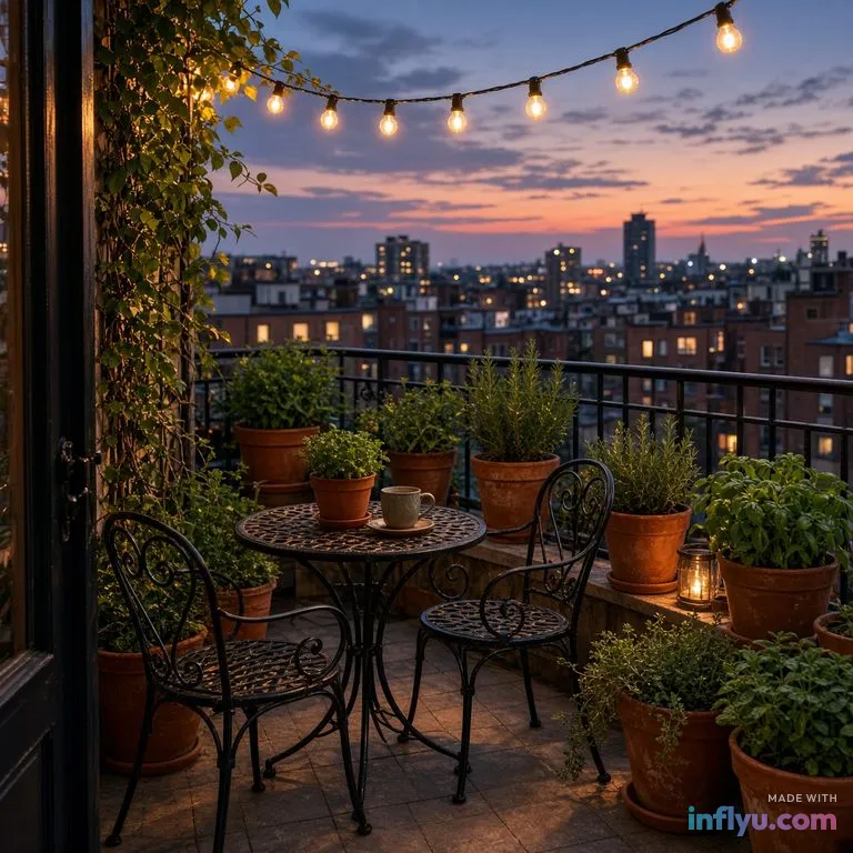 Small city balcony garden with string lights, AI image