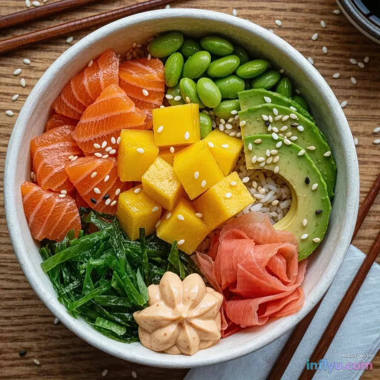 Colorful poke bowl with salmon, AI image