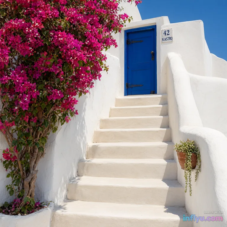 Whitewashed Santorini-style stairs with blue doors and bougainvillea, AI image