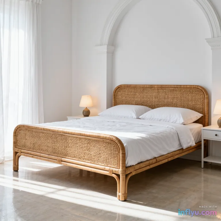 Rattan bed with linen bedding in a white Mediterranean bedroom, AI image