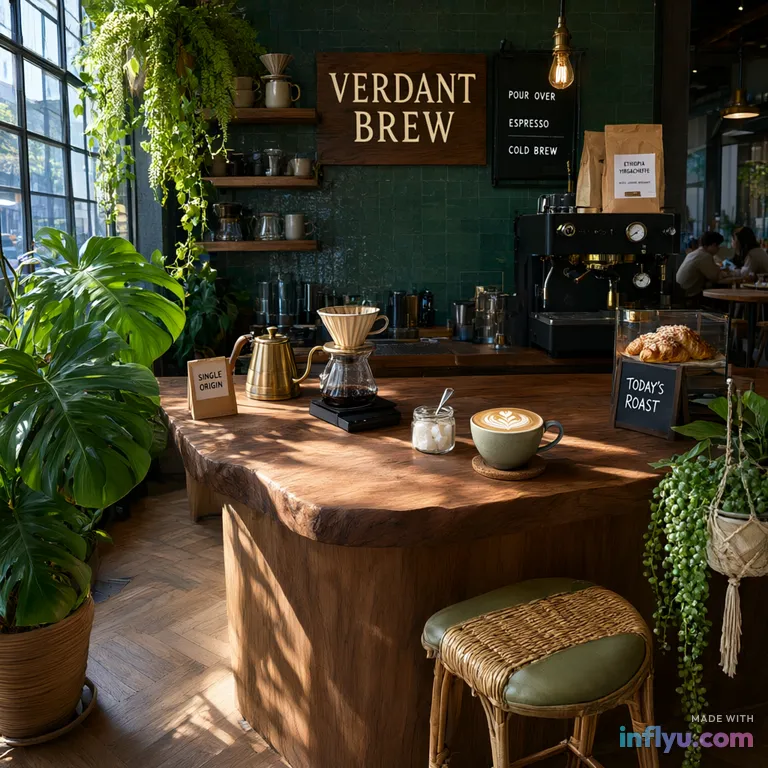 Plant-filled specialty coffee bar with pour-over setup, AI image