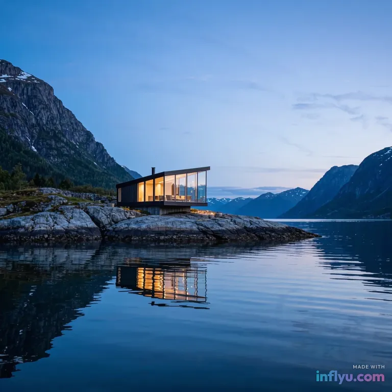 Glass cabin on a Norwegian fjord at blue hour, AI image