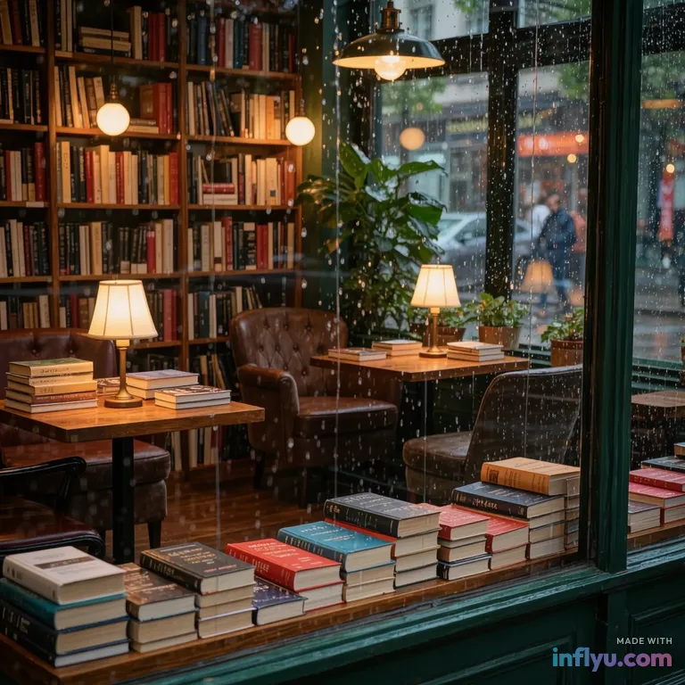Rainy-day bookstore café with warm lamps and stacked books, AI image