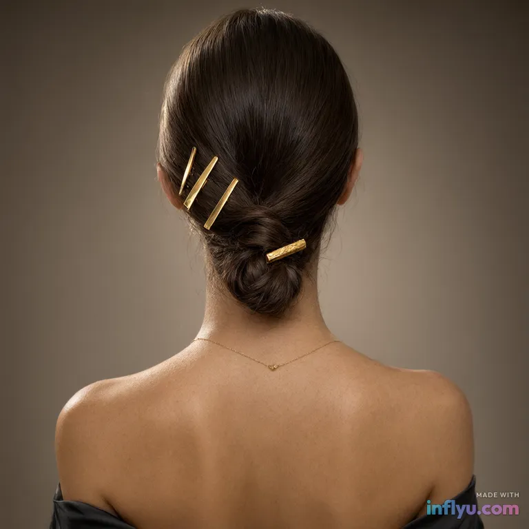 Sleek low bun with gold hair clips, AI image