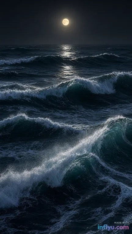 Dark moody ocean waves at night with moonlight, AI image