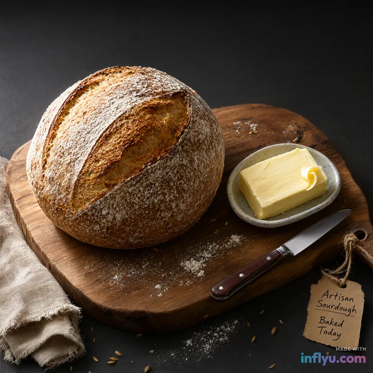 Rustic sourdough loaf and butter on a wooden board, AI image