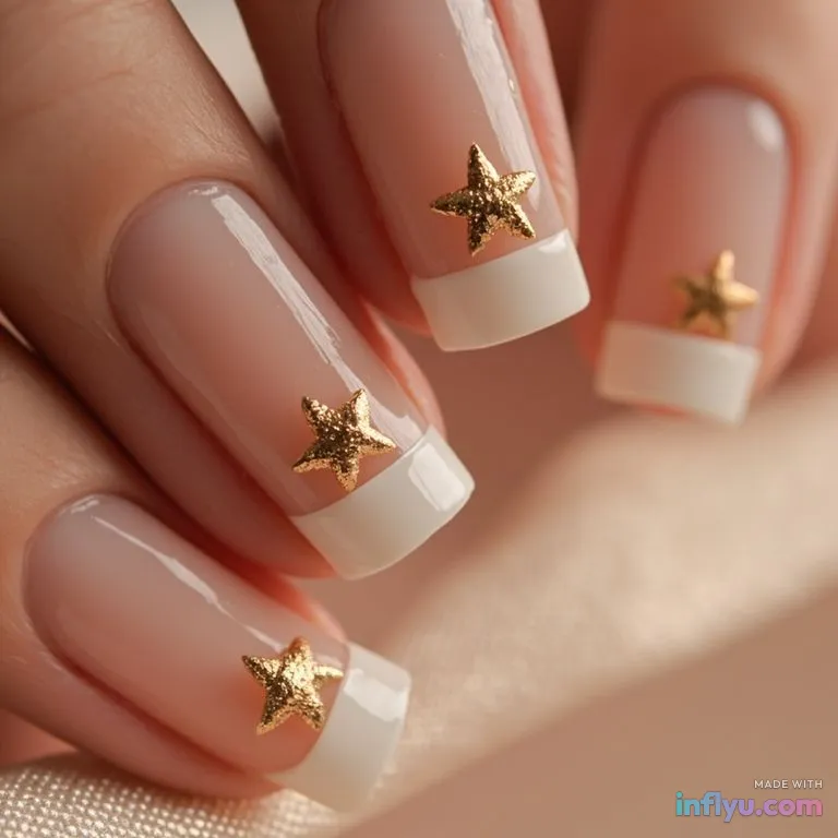 French tips with tiny gold stars, AI image